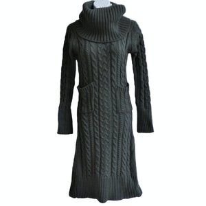 Cable Knit Midi Sweater Dress Oversized Cowl Funnel Neck Chunky Back Kick Slit